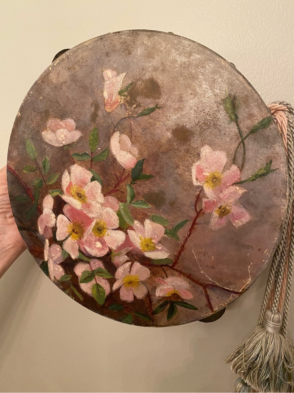 Hand-Painted Antique Tambourine with Pink/ Blue Tassels